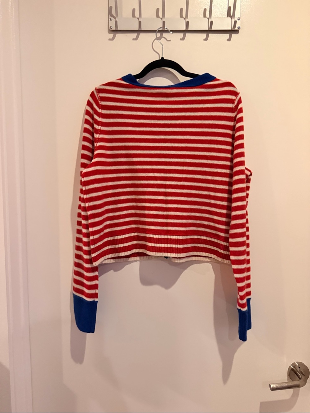 Striped Red and White Free People Button-Up Sweater with Blue Trim - Picture 4 of 4
